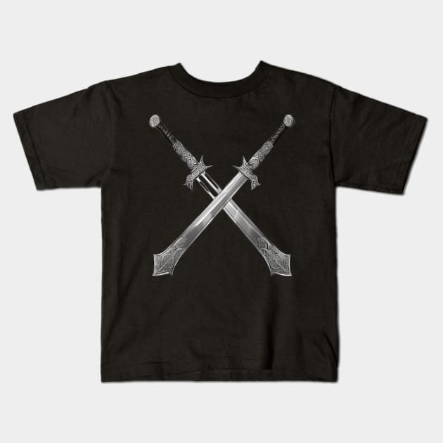 Two Medieval Ornamental Viking Warrior Swords Crossed Kids T-Shirt by DesignsbyZazz